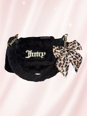 Juicy Couture Fluffy Shoulder Bag In Licorice Black + Leopard Bow Bag Charm